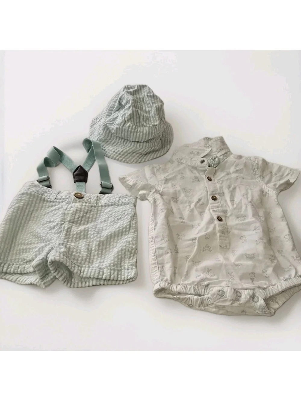 Tommy Bahama Baby Mint Green Seersucker Shorts Set with Hat & Suspenders